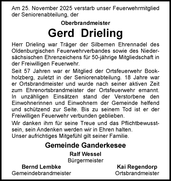 Traueranzeige von Gerd Drieling von DK Medien GmbH & Co. KG