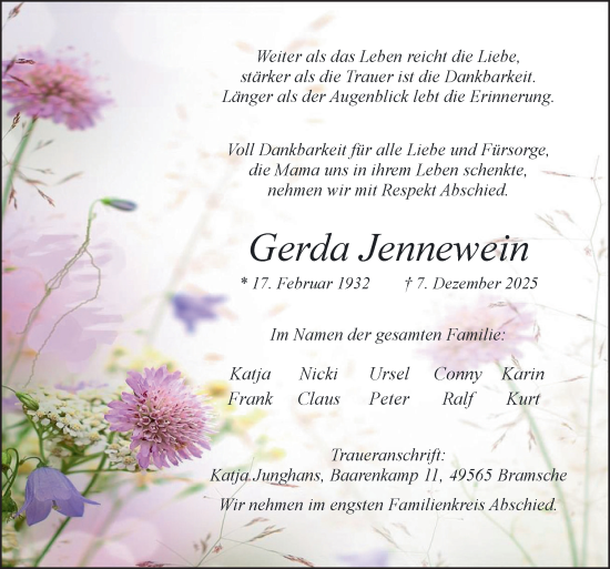 Traueranzeige von Gerda Jennewein von Neue Osnabrücker Zeitung GmbH & Co. KG
