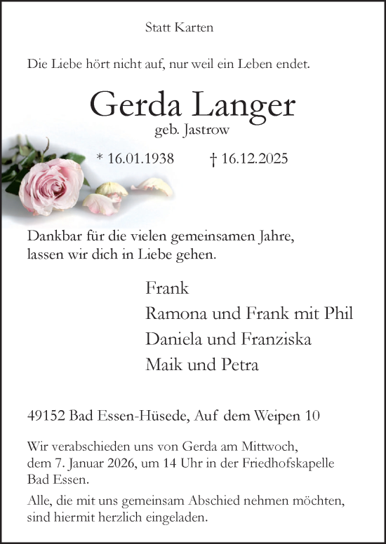 Traueranzeige von Gerda Langer von Neue Osnabrücker Zeitung GmbH & Co. KG