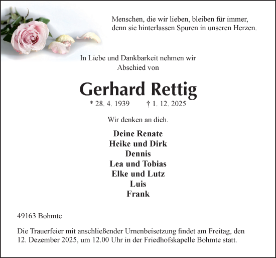 Traueranzeige von Gerhard Rettig von Neue Osnabrücker Zeitung GmbH & Co. KG