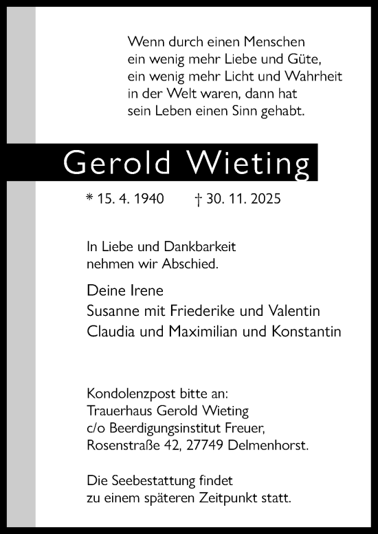 Traueranzeige von Gerold Wieting von DK Medien GmbH & Co. KG
