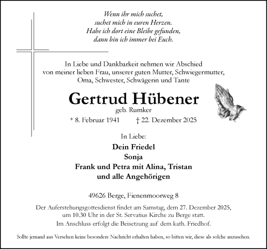 Traueranzeige von Gertrud Hübener von Neue Osnabrücker Zeitung GmbH & Co. KG