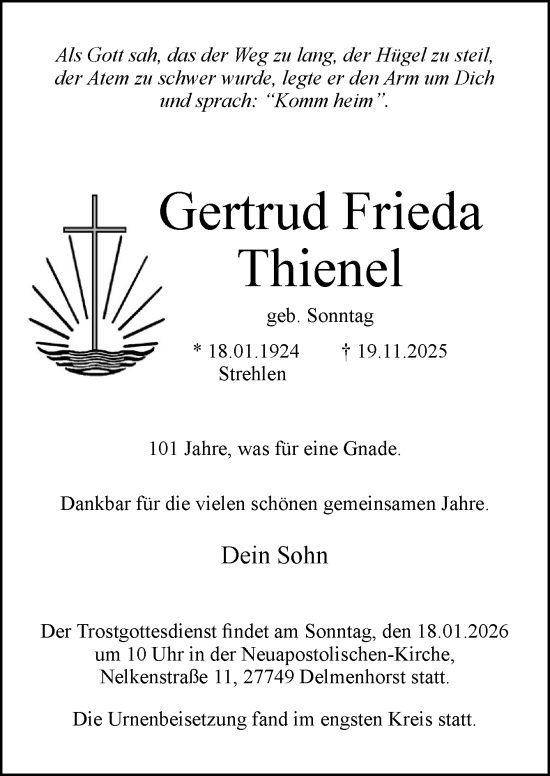 Traueranzeige von Gertrud Frieda Thienel von DK Medien GmbH & Co. KG