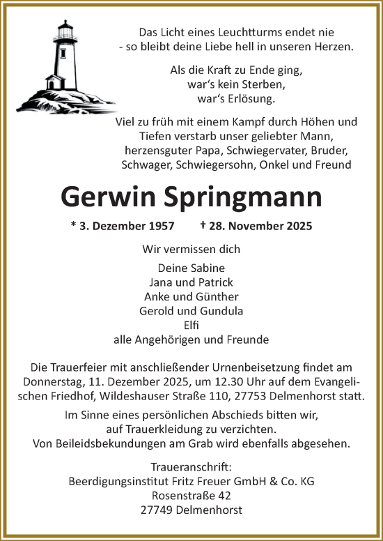 Traueranzeige von Gerwin Springmann von DK Medien GmbH & Co. KG