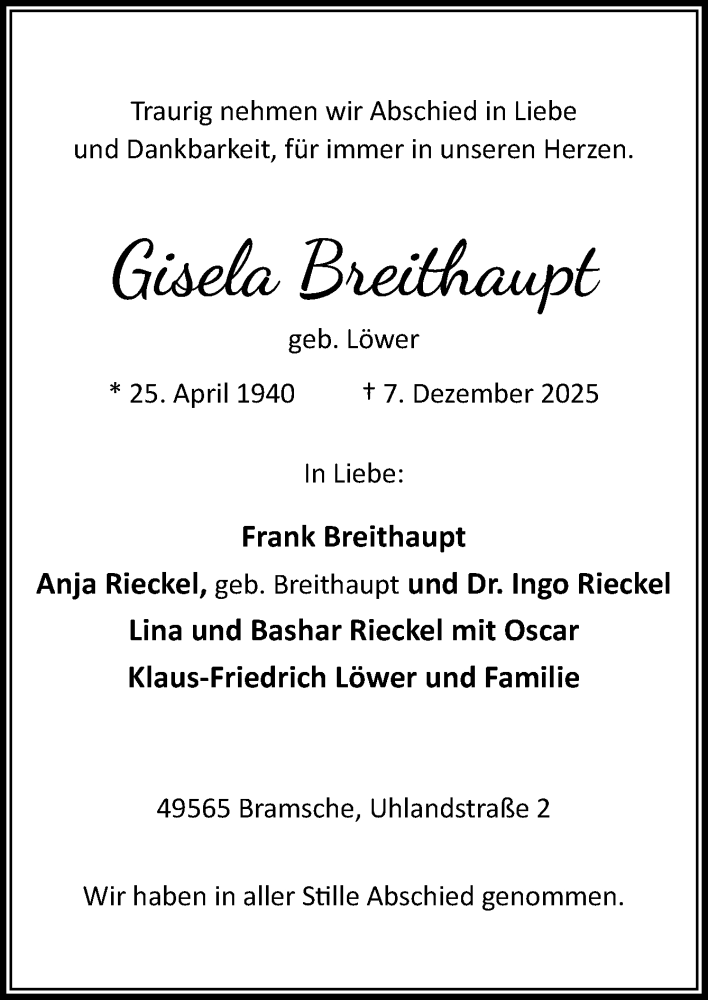  Traueranzeige für Gisela Breithaupt vom 20.12.2025 aus Neue Osnabrücker Zeitung GmbH & Co. KG
