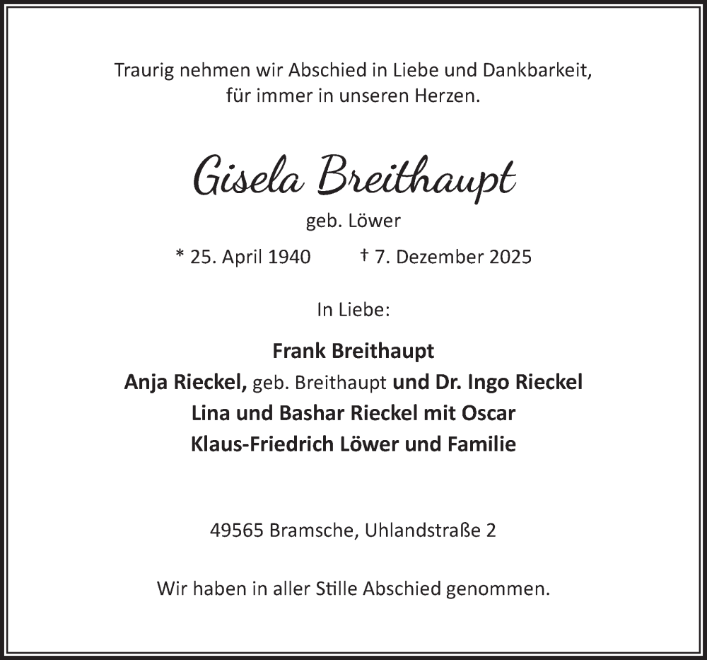  Traueranzeige für Gisela Breithaupt vom 20.12.2025 aus Neue Osnabrücker Zeitung GmbH & Co. KG