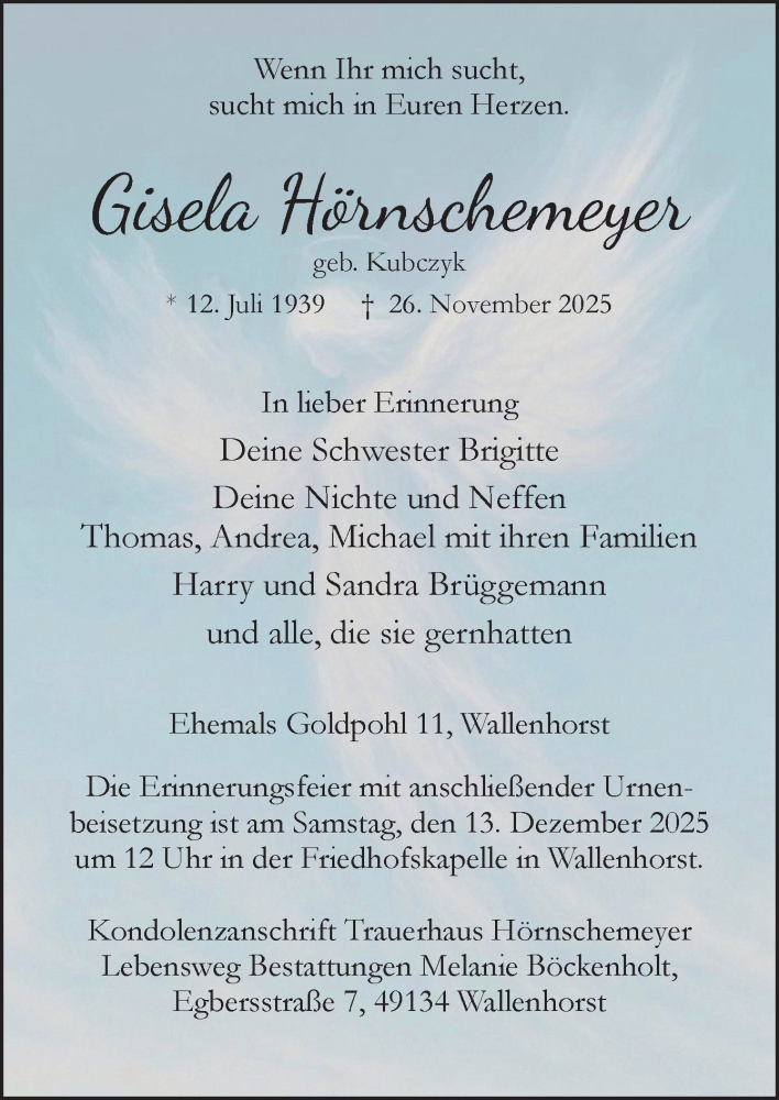  Traueranzeige für Gisela Hörnschemeyer vom 06.12.2025 aus Neue Osnabrücker Zeitung GmbH & Co. KG