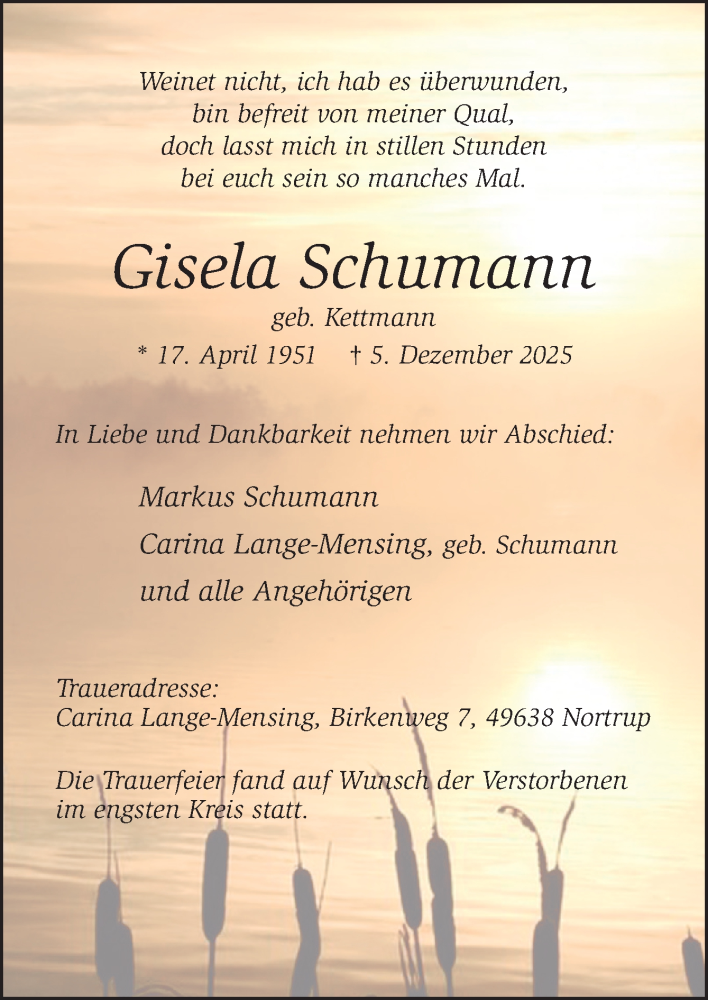  Traueranzeige für Gisela Schumann vom 17.12.2025 aus Neue Osnabrücker Zeitung GmbH & Co. KG