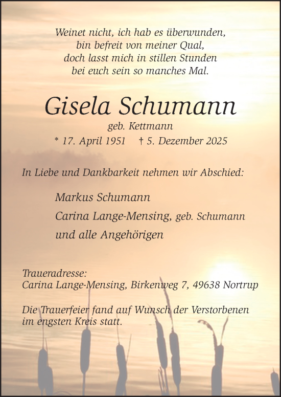Traueranzeige von Gisela Schumann von Neue Osnabrücker Zeitung GmbH & Co. KG