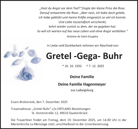 Traueranzeige von Gretel Buhr von Neue Osnabrücker Zeitung GmbH & Co. KG