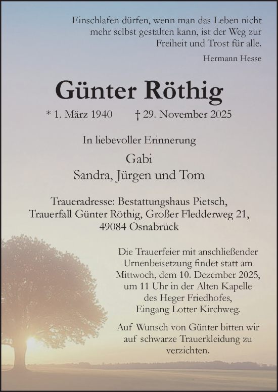 Traueranzeige von Günter Röthig von Neue Osnabrücker Zeitung GmbH & Co. KG