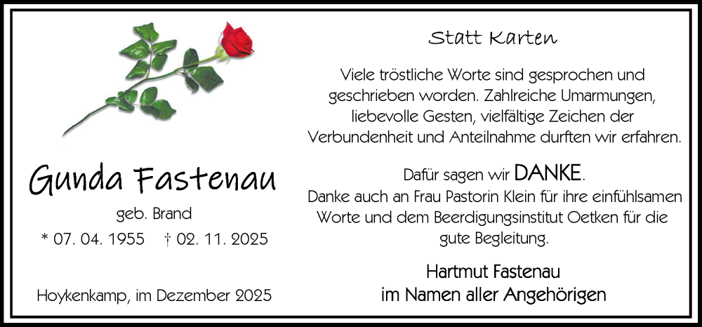  Traueranzeige für Gunda Fastenau vom 20.12.2025 aus DK Medien GmbH & Co. KG