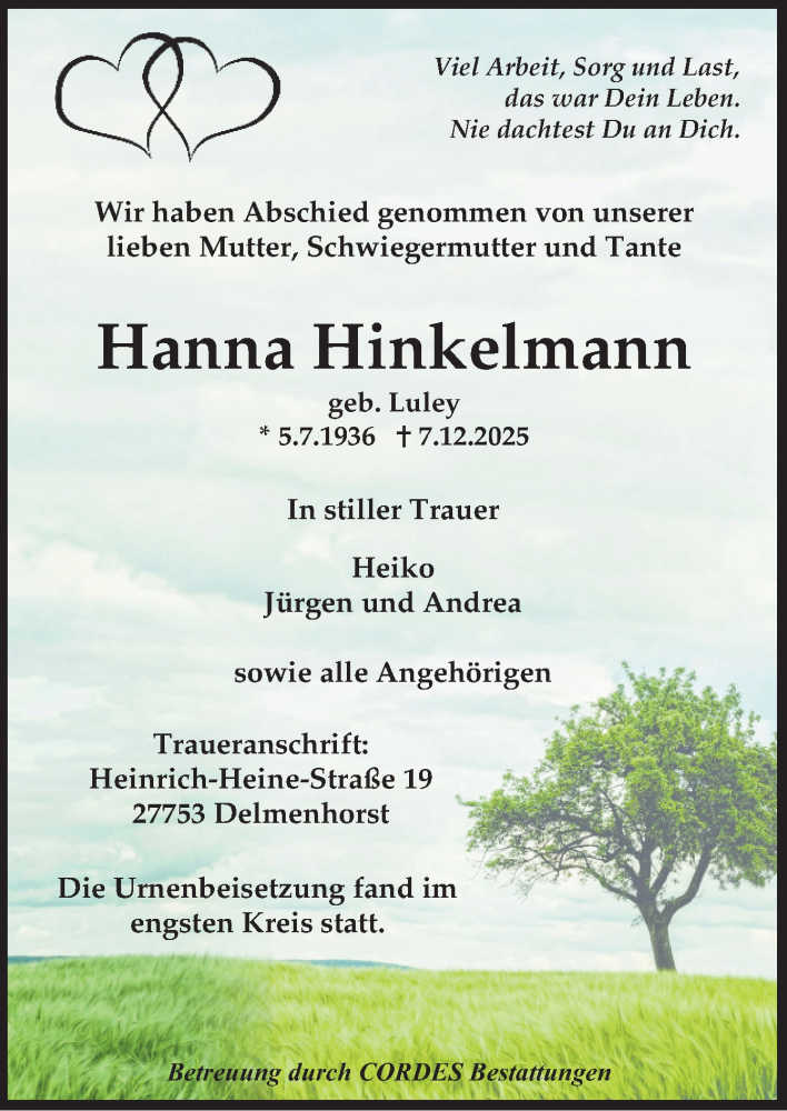  Traueranzeige für Hanna Hinkelmann vom 27.12.2025 aus DK Medien GmbH & Co. KG
