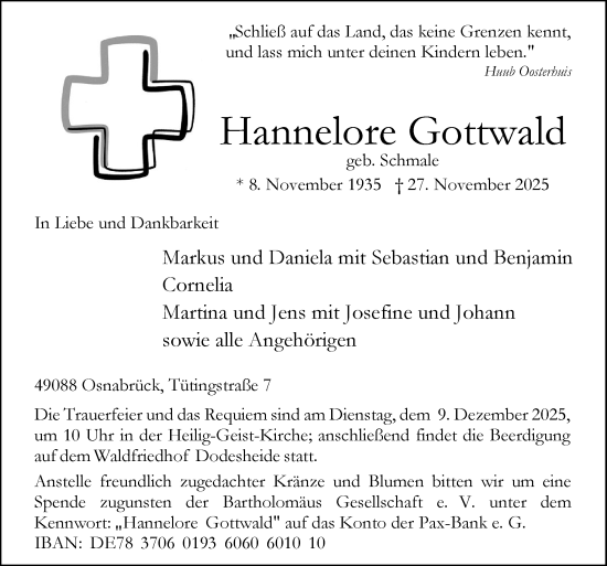 Traueranzeige von Hannelore Gottwald von Neue Osnabrücker Zeitung GmbH & Co. KG