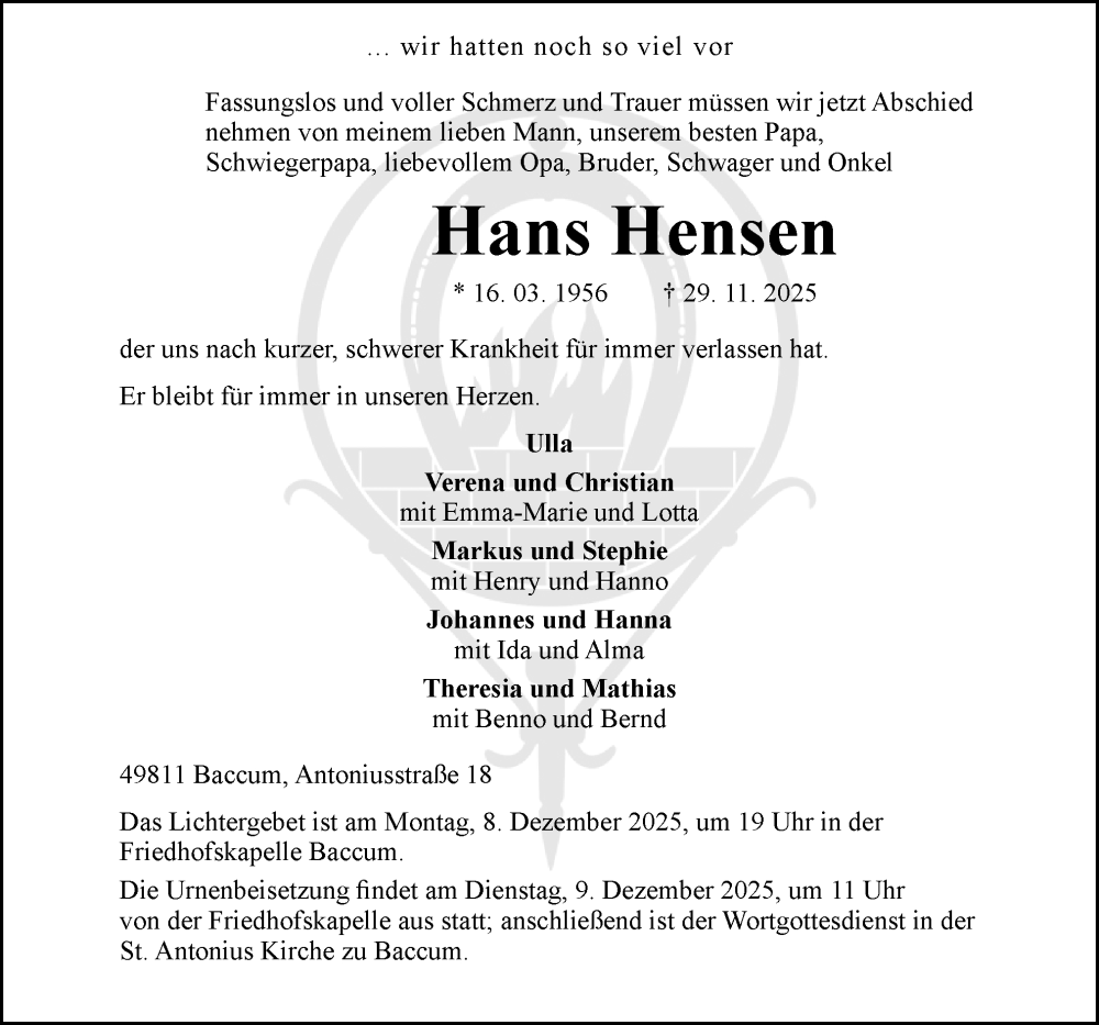  Traueranzeige für Hans Hensen vom 06.12.2025 aus Neue Osnabrücker Zeitung GmbH & Co. KG