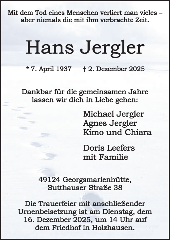 Traueranzeige von Hans Jergler von Neue Osnabrücker Zeitung GmbH & Co. KG