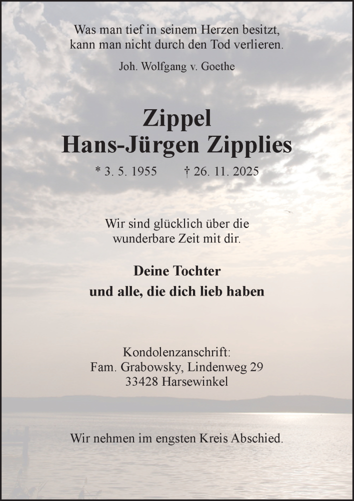  Traueranzeige für Hans-Jürgen Zipplies vom 06.12.2025 aus Neue Osnabrücker Zeitung GmbH & Co. KG