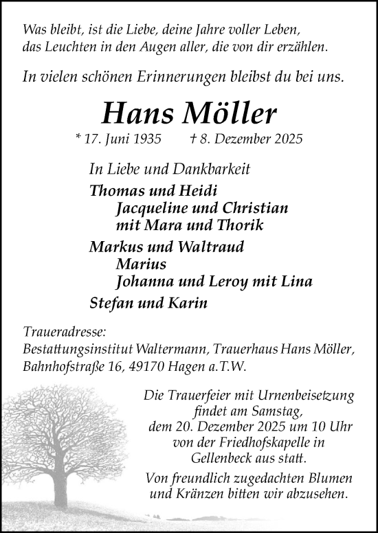 Traueranzeige von Hans Möller von Neue Osnabrücker Zeitung GmbH & Co. KG
