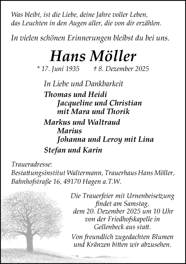  Traueranzeige für Hans Möller vom 13.12.2025 aus Neue Osnabrücker Zeitung GmbH & Co. KG