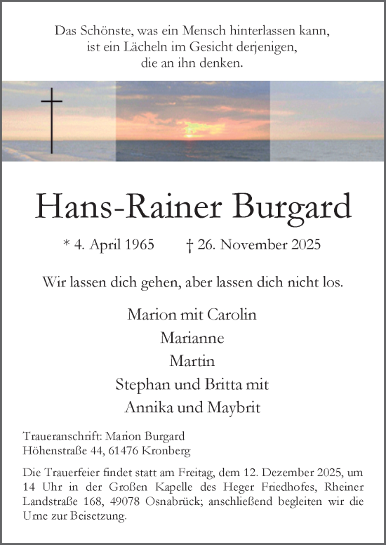 Traueranzeige von Hans-Rainer Burgard von Neue Osnabrücker Zeitung GmbH & Co. KG