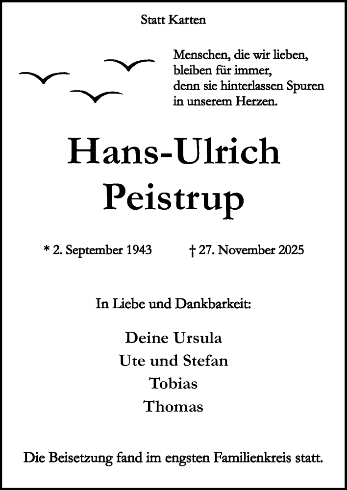  Traueranzeige für Hans-Ulrich Peistrup vom 13.12.2025 aus Neue Osnabrücker Zeitung GmbH & Co. KG