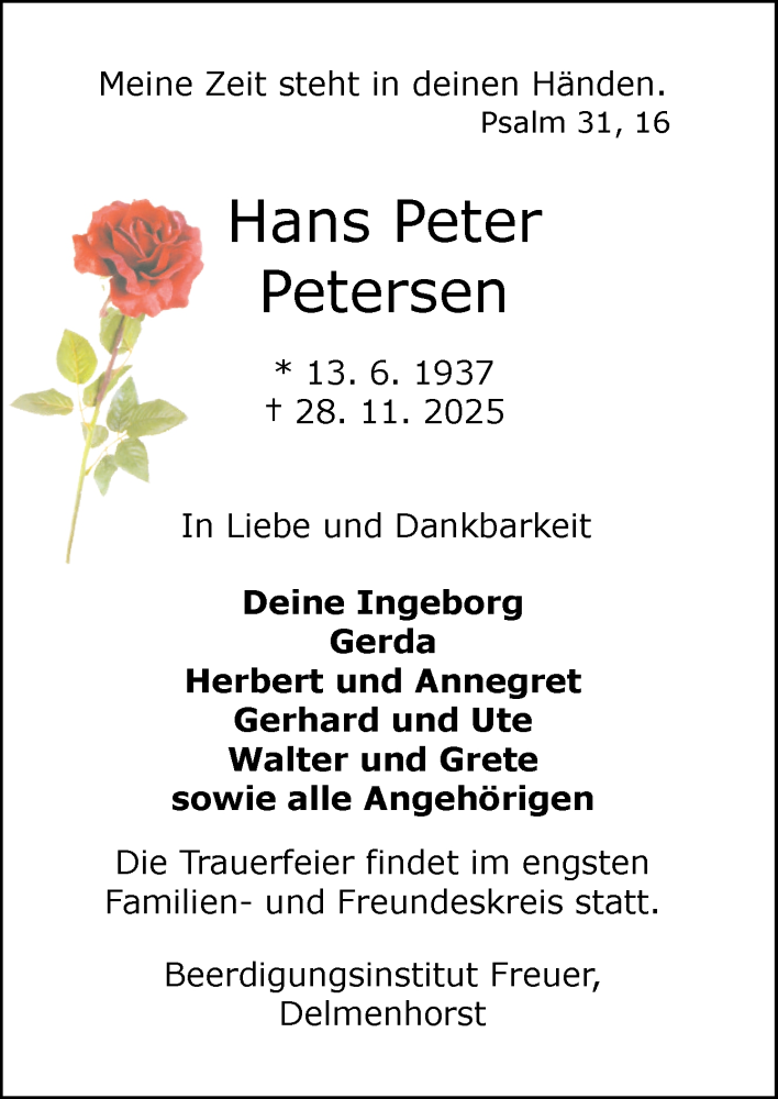  Traueranzeige für Hans Peter Petersen vom 06.12.2025 aus DK Medien GmbH & Co. KG