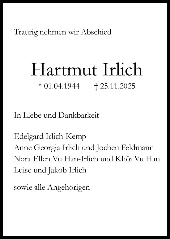 Traueranzeige von Hartmut Irlich von Neue Osnabrücker Zeitung GmbH & Co. KG