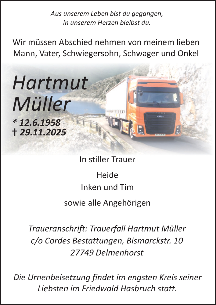  Traueranzeige für Hartmut Müller vom 13.12.2025 aus DK Medien GmbH & Co. KG