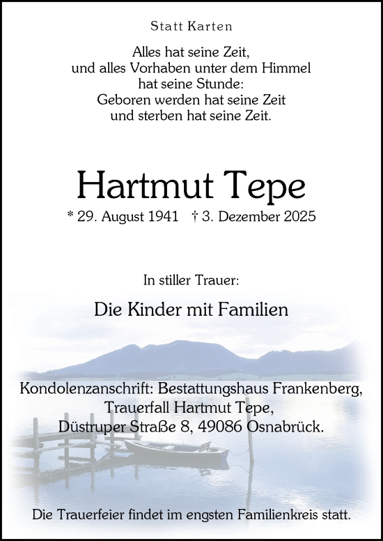 Traueranzeige von Hartmut Tepe von Neue Osnabrücker Zeitung GmbH & Co. KG
