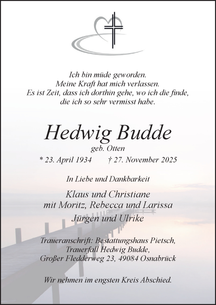  Traueranzeige für Hedwig Budde vom 06.12.2025 aus Neue Osnabrücker Zeitung GmbH & Co. KG