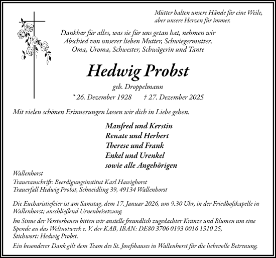 Traueranzeige von Hedwig Probst von Neue Osnabrücker Zeitung GmbH & Co. KG