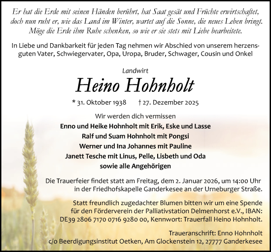Traueranzeige von Heino Hohnholt von DK Medien GmbH & Co. KG
