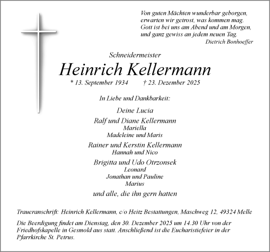 Traueranzeige von Heinrich Kellermann von Neue Osnabrücker Zeitung GmbH & Co. KG