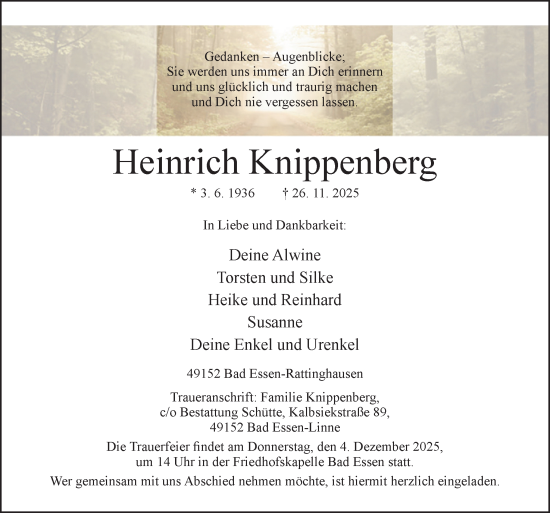 Traueranzeige von Heinrich Knippenberg von Neue Osnabrücker Zeitung GmbH & Co. KG