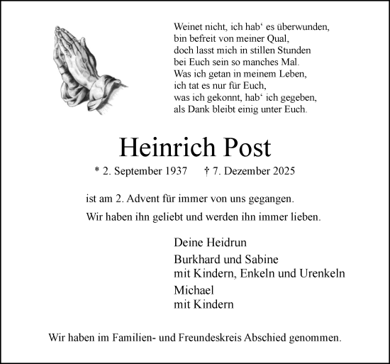 Traueranzeige von Heinrich Post von Neue Osnabrücker Zeitung GmbH & Co. KG