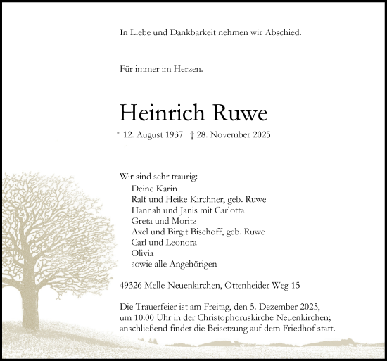 Traueranzeige von Heinrich Ruwe von Neue Osnabrücker Zeitung GmbH & Co. KG