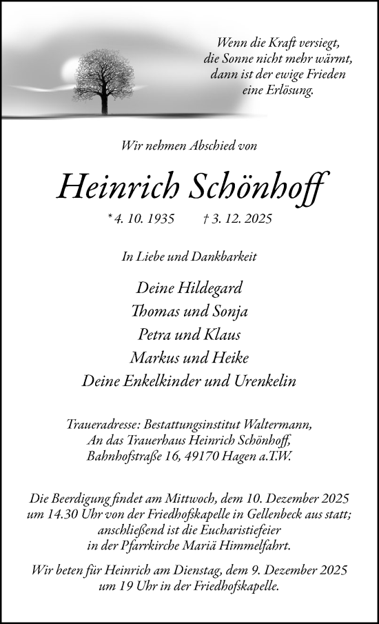 Traueranzeige von Heinrich Schönhoff von Neue Osnabrücker Zeitung GmbH & Co. KG