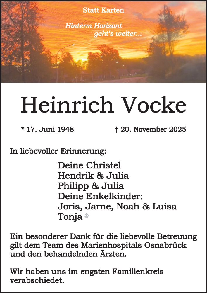  Traueranzeige für Heinrich Vocke vom 06.12.2025 aus Neue Osnabrücker Zeitung GmbH & Co. KG