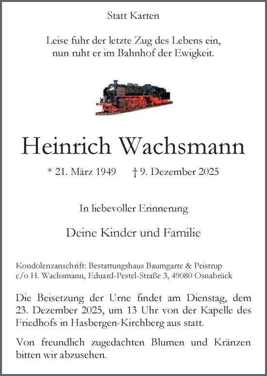 Traueranzeige von Heinrich Wachsmann von Neue Osnabrücker Zeitung GmbH & Co. KG