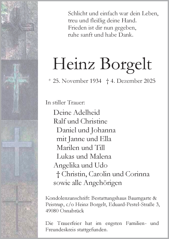 Traueranzeige von Heinz Borgelt von Neue Osnabrücker Zeitung GmbH & Co. KG