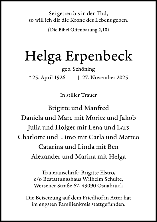 Traueranzeige von Helga Erpenbeck von Neue Osnabrücker Zeitung GmbH & Co. KG