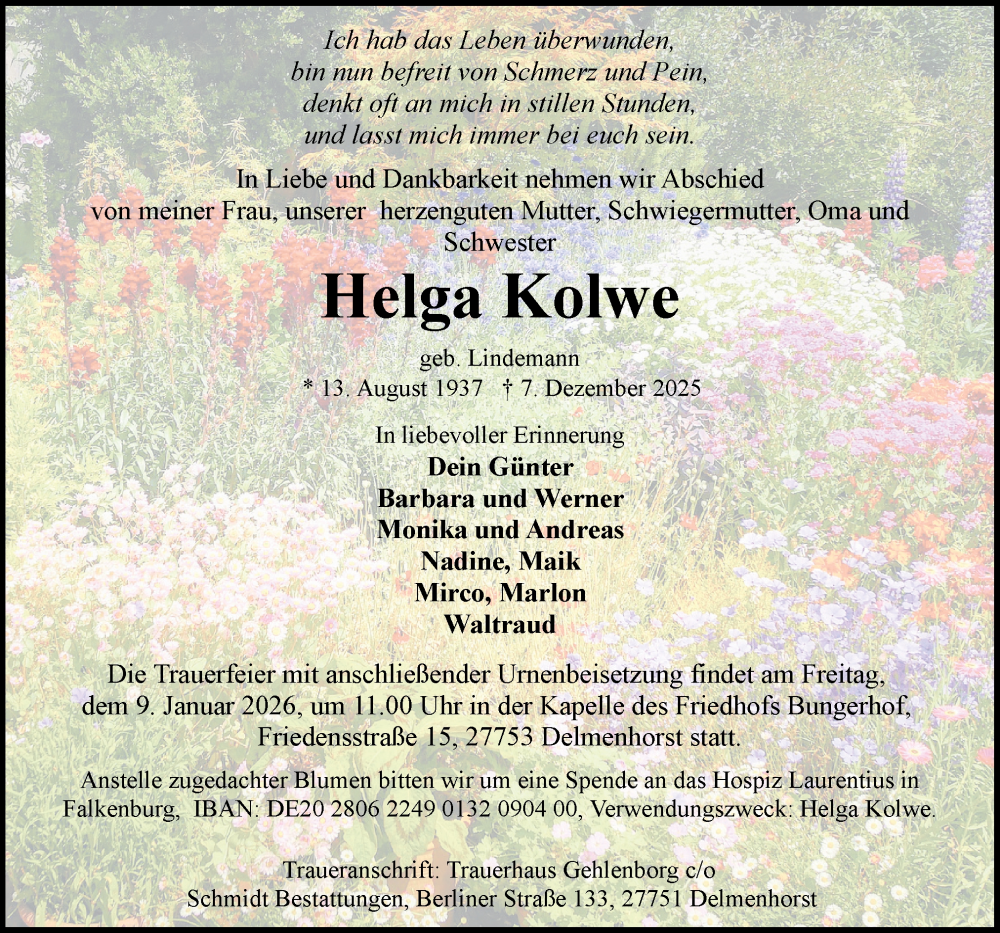  Traueranzeige für Helga Kolwe vom 20.12.2025 aus DK Medien GmbH & Co. KG