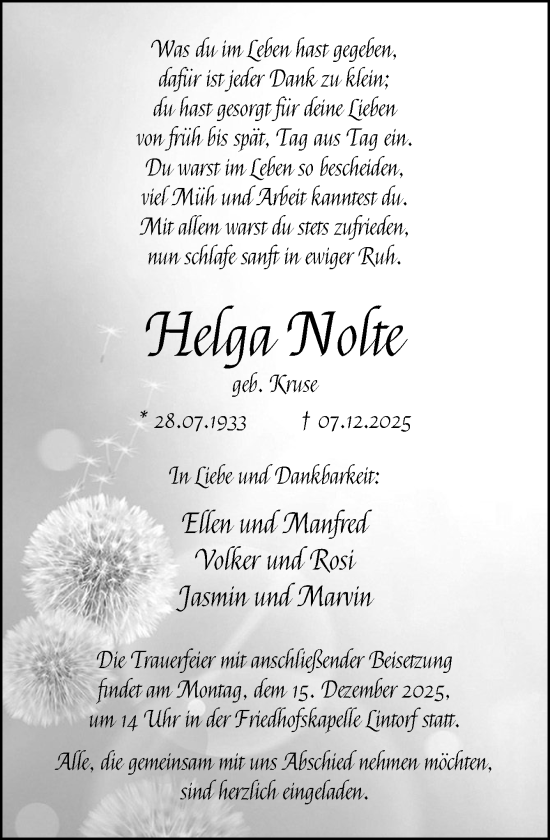 Traueranzeige von Helga Nolte von Neue Osnabrücker Zeitung GmbH & Co. KG