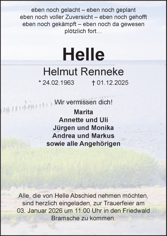 Traueranzeige von Helmut Renneke von Neue Osnabrücker Zeitung GmbH & Co. KG