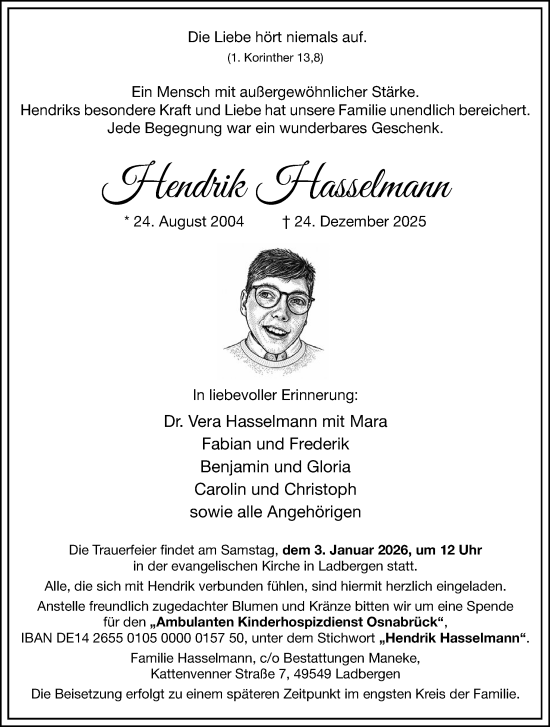 Traueranzeige von Hendrik Hasselmann von Neue Osnabrücker Zeitung GmbH & Co. KG