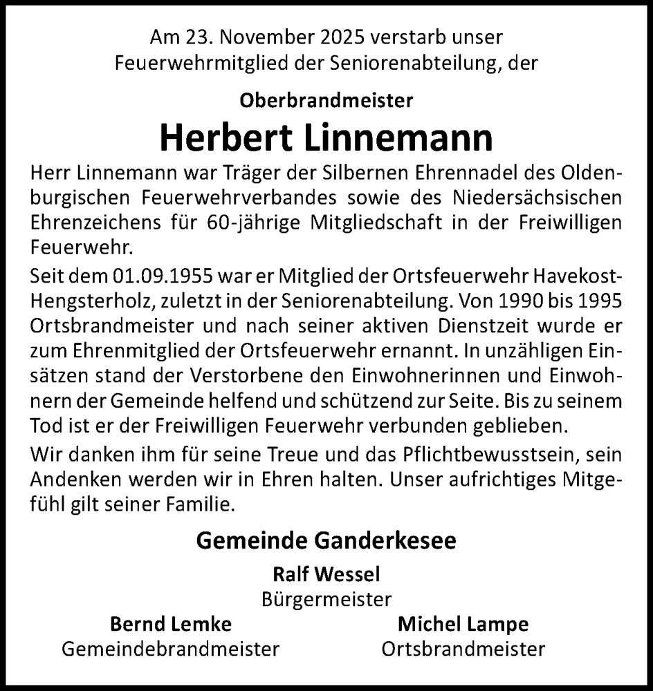  Traueranzeige für Herbert Linnemann vom 04.12.2025 aus DK Medien GmbH & Co. KG