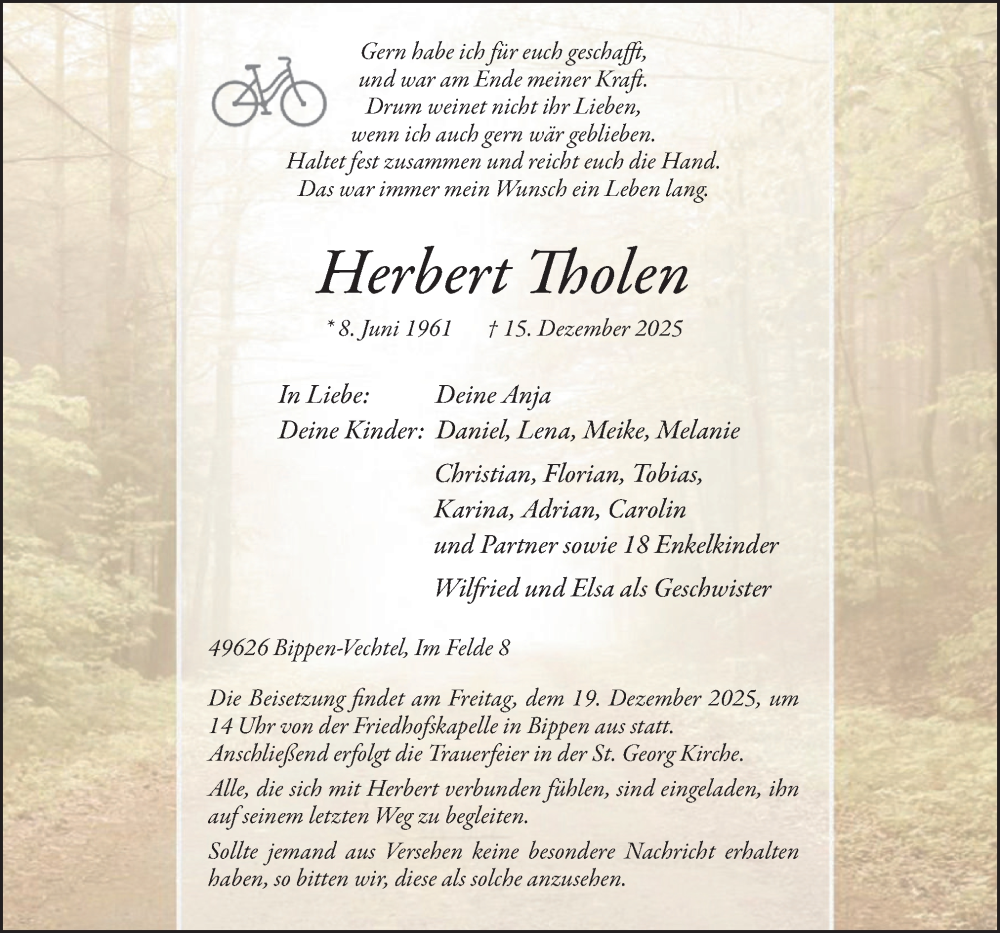  Traueranzeige für Herbert Tholen vom 17.12.2025 aus Neue Osnabrücker Zeitung GmbH & Co. KG