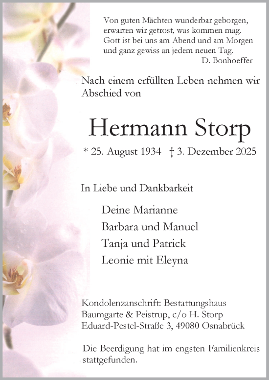 Traueranzeige von Hermann Storp von Neue Osnabrücker Zeitung GmbH & Co. KG