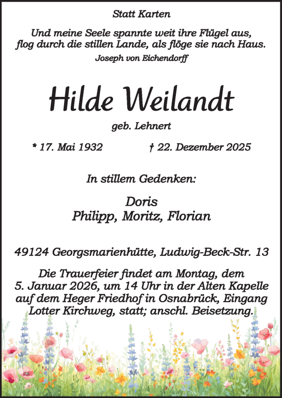 Traueranzeige von Hilde Weilandt von Neue Osnabrücker Zeitung GmbH & Co. KG