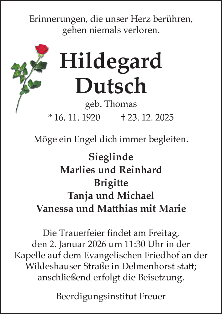  Traueranzeige für Hildegard Dutsch vom 30.12.2025 aus DK Medien GmbH & Co. KG